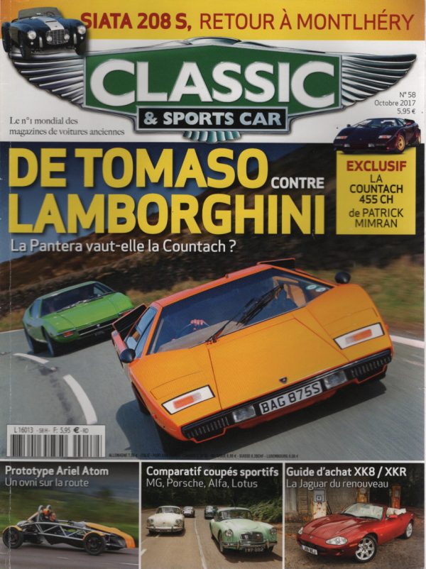 CLASSIC & SPORTS CAR 58 LAMBORGHINI COUNTACH LP400 DE TOMASO PANTERA SIMCA 1204 SPECIAL MORRIS 1300 GT SIATA 208 S PORSCHE 356 B 1600 S LOTUS ELITE ALFA ROMEO GIULIETTA SPRINT VELOCE MGA TWIN CAM ROLLS ROYCE SILVER CLOUD III PARK WARD JAGUAR XK8 JAGUAR XKR #58 REVUE MAGAZINE