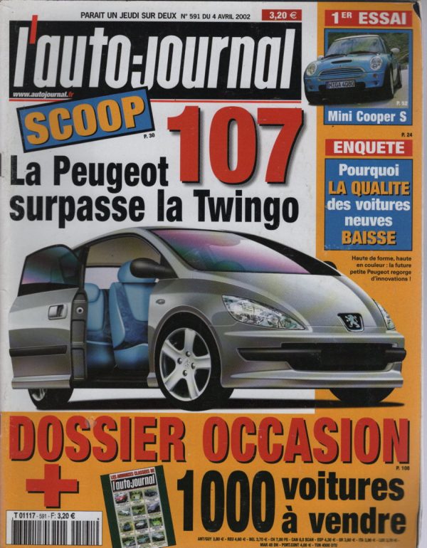 L'AUTO JOURNAL 2002 591 MERCEDES E 500 W211 BUGGY FORD EX CHAR LECLERC MINI COOPER S PEUGEOT 107 MASERATI COUPE CAMBIOCORSA PEUGEOT 307 2.0 HDi 110 SW PACK FORD FIESTA 1.4 16V TOYOTA COROLLA 1.6 VVTi PEUGEOT 307 1.6e XS PREMIUM CHRYSLER PT CRUISER 2.2 CRD HONDA CRV 2.0 ES i-VTEC JAGUAR S-TYPE R CITROEN C5 #591 REVUE MAGAZINE