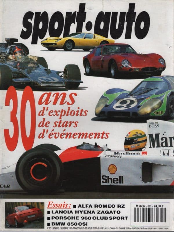 SPORT AUTO 371 1992 PORSCHE 968 CLUBSPORT BMW 850 CSi ALFA ROMEO RZ LANCIA HYENA ZAGATO BILAN F1 GP JAPON GP AUSTRALIE RALLYE D'ESPAGNE MERCEDES 190 E 2.5-16 DTM AUDI 80 QUATTRO SUPERTOURISME BMW M3 DTM #371 REVUE MAGAZINE