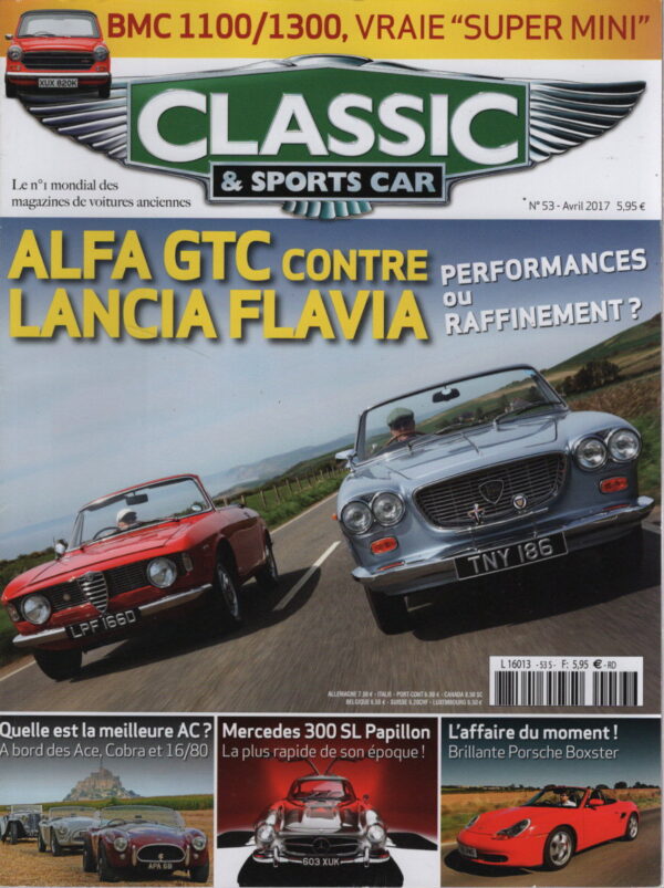 CLASSIC & SPORTS CAR 53 ALFA ROMEO GIULIA GTC LANCIA FULVIA VIGNALE AC 16/80 AC ACE BRISTOL AC COBRA FIREFAB JAMAICAN BUGATTI 57 S ATALANTE AUSTIN A40 SPORT JENSEN INTERCEPTOR 1950 1957 AUTOBIANCHI PRIMULA COUPE S PORSCHE 986 BOXSTER S MERCEDES 300 SL W198 BMW 1100 1300 ADO16 #53 REVUE MAGAZINE