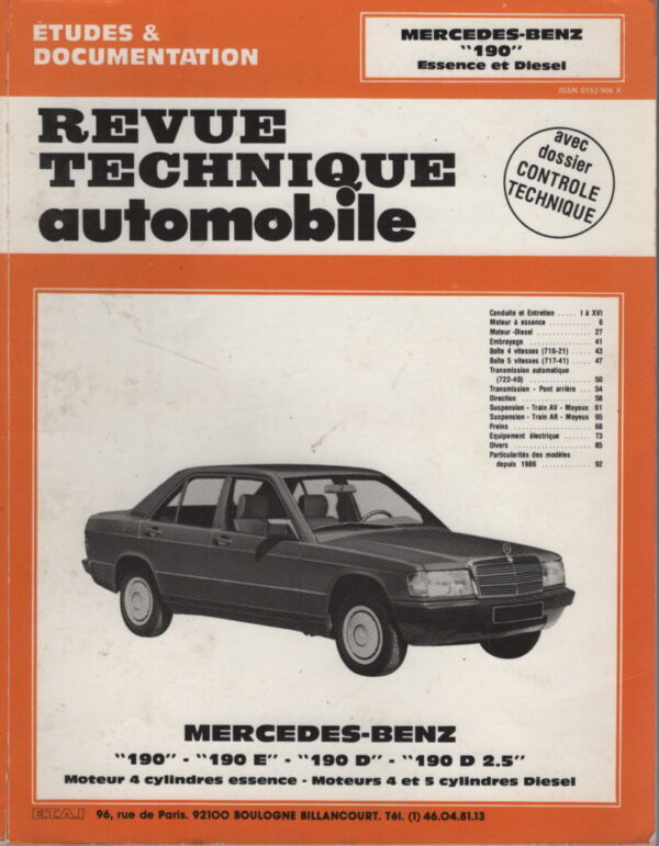 REVUE TECHNIQUE AUTOMOBILE CIP4653 RTA MERCEDES 190 MERCEDES 190 E MERCEDES 190 D MERCEDES 190 D 2.5 W201